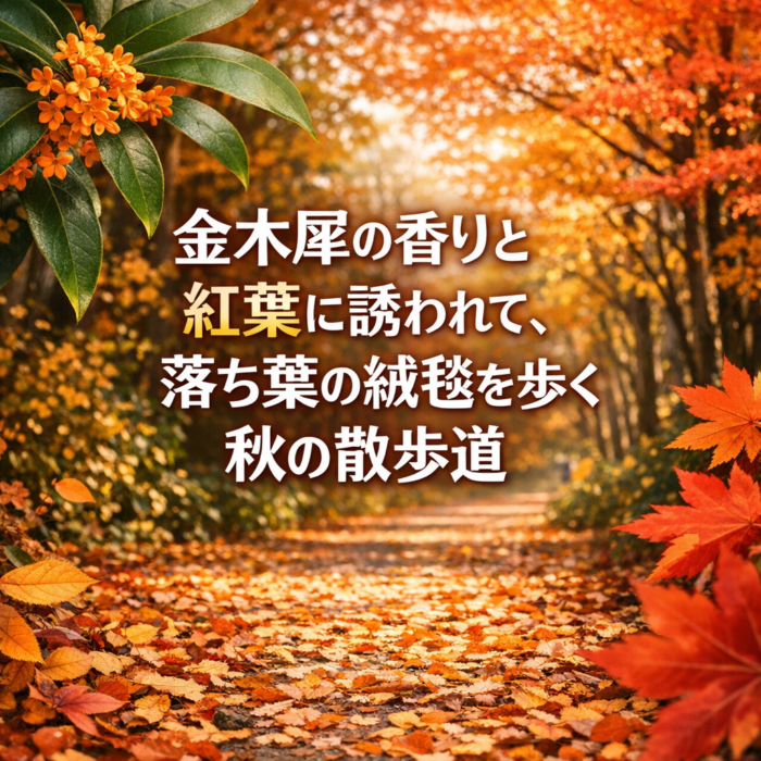 金木犀の香りと紅葉に誘われて、落ち葉の絨毯を歩く秋の散歩道